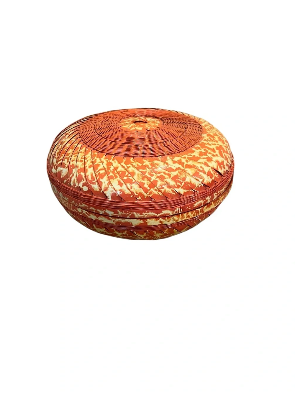 VTG Handwoven Round Bamboo & Rattan Lidded Basket Intricate Variegated